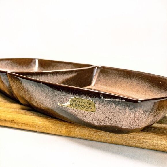 VTG Frankoma Plainsman Brown Tan Ceramic 13” Divided Serving Dish 5QD Ovenproof - Picture 4 of 9